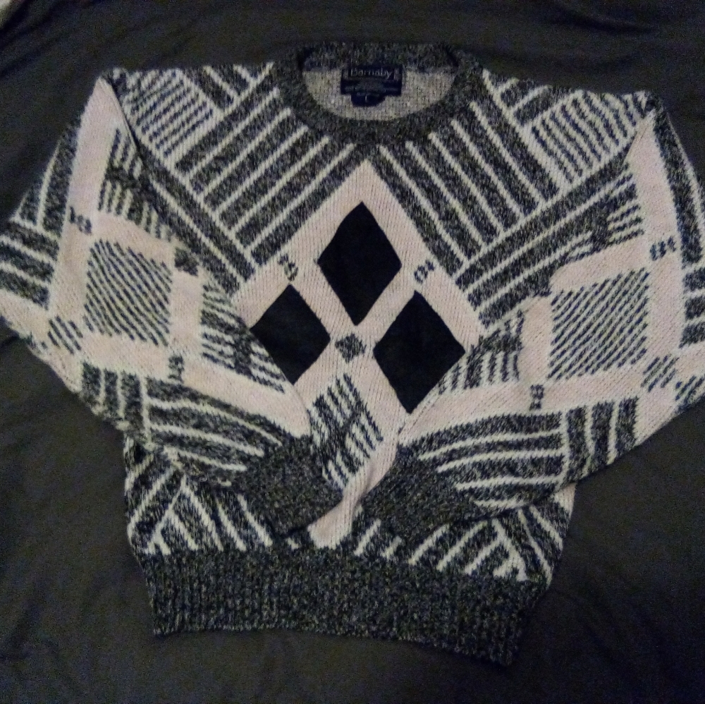 Vintage Barnaby Men's Black and White Sweater with Leather Details Size Large